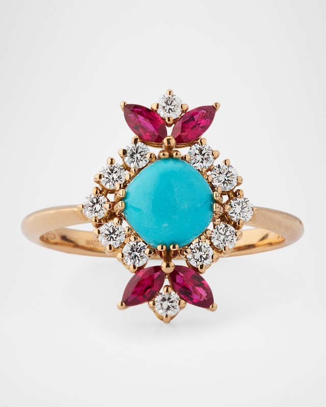 Sleeping Beauty 18K Rose Gold Diamond, Turquoise, and Ruby Ring
